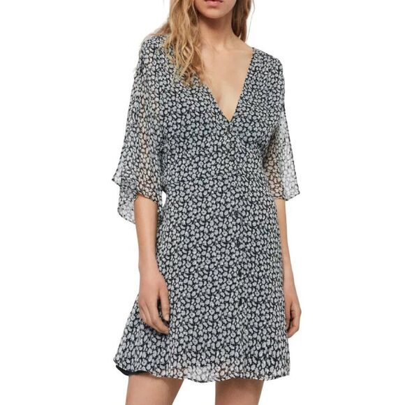 ALL SAINTS Mini Dress, 4, Black/White, Split Flutter Sleeve, V-neck, Sash/Belt - Picture 15 of 15